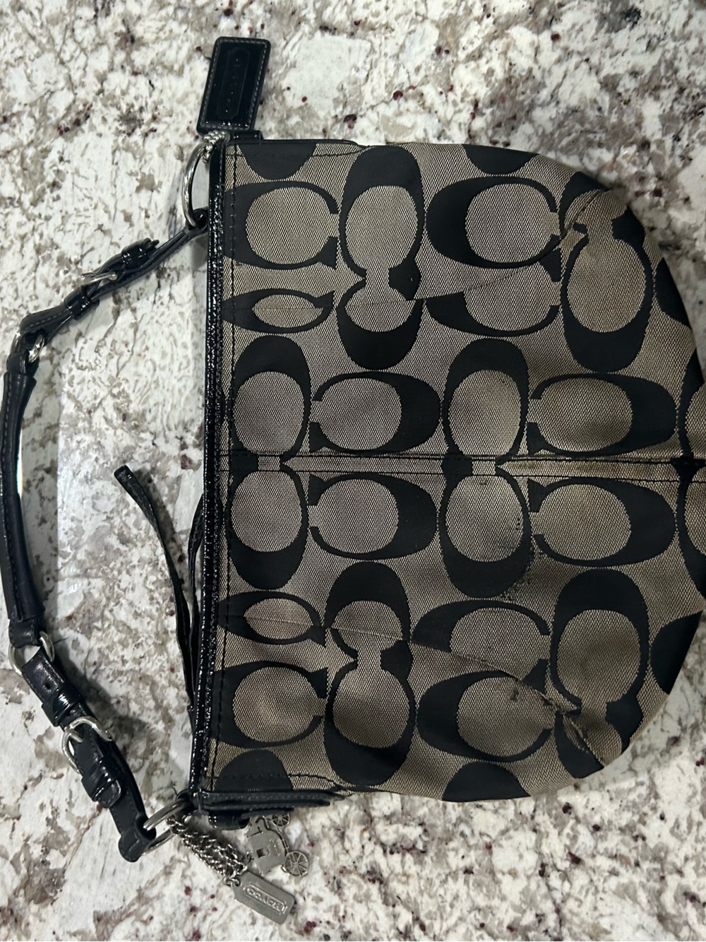 VTG Coach Khaki and Black Signature Shoulder Bag-Jacquard-No J0820-13351